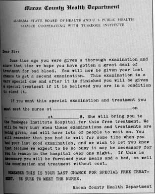 The Tuskegee Study Group Letter inviting subjects to receive "special treatment" which was actually a diagnostic lumbar puncture