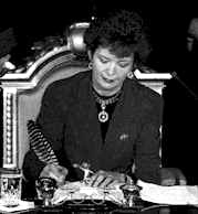 Mary Robinson, on the former 's throne, signs her Declaration of Office, using 's .