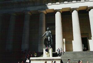 's statue of  in front of Federal Hall, on the site where Washington was inaugurated as the first 