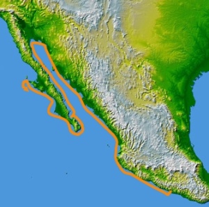 Route of the 1539 voyage by Francisco de Ulloa from Navidad (Acapulco) along west coast of Mexico