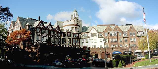 Many of the commercial buildings in the villages of Scarsdale, such as Harwood Court (shown above), feature an imitation Elizabethan half-timbered appearance.
