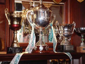 The Powergen Cup (centre) seen in the London Irish clubhouse at Sunbury in 2002.  Photo by Paul Warrender.