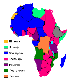 Map showing European claimants to the African continent at the beginning of 