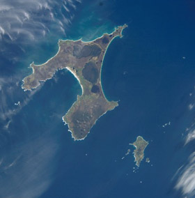 The Chatham Islands from space. Chatham Island is the largest, Pitt Island is the second largest, and South East Island is the small island to the right of Pitt.
