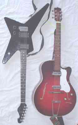 Left: Rosa Hurricane, a -style solid-body guitar.Right:  Freshman, a hollow-body guitar.