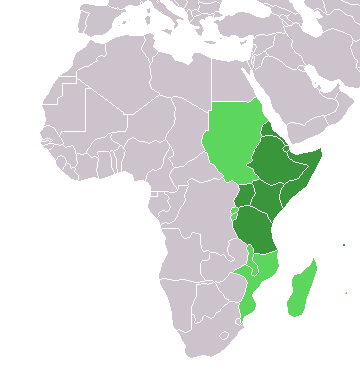 Map of Africa with eastern countries highlighted