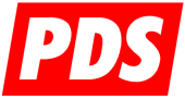 PDS logo - simple white capital 'PDS' against a slightly slanted red square
