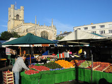 The market in the centre of Cambridge, with Great St Mary's Church in the background