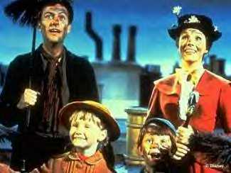 Mary Poppins (right, behind) as portrayed by  in the most famous adaptation of the character.