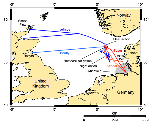 Fleet movements before and during the battle of Jutland,  to  