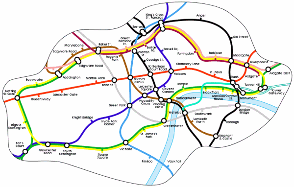 Geographically correct map of Zone 1 by reference to the London Underground.