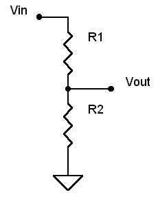 Schematic of a resistor divider. R1 is connected to Vin and Vout, R2 is connected to Vout and GND