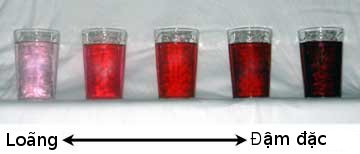 These glasses containing red dye demonstrate qualitative changes in concentration. The solutions on the left are "weaker" (or more dilute), compared to the "stronger" (or more concentrated) solutions on the right.