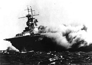 The USS Wasp on fire shortly after being torpedoed