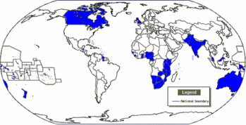 Map of the Commonwealth of Nations, formerly the British Commonwealth. Member states are coloured blue.