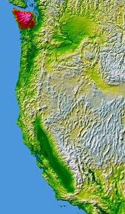The Olympic Peninsula is shown in red on a map of the western United States