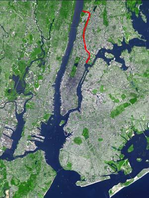 The Harlem River, shown in red, between the Bronx and Manhattan in New York City