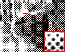 Photograph reduced to a black and white halftone with round spots and a 45° screen