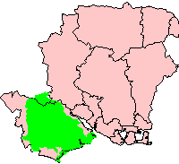 National Park area in green; pink area shows the county of  for comparison