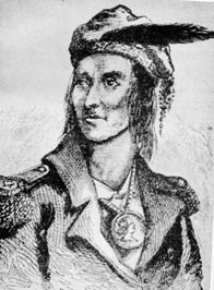 This 1848 drawing of Tecumseh was based on a sketch done from life in 1808.  altered the original by putting Tecumseh in a British uniform, under the mistaken (but widespread) belief that Tecumseh had been commissioned as a British general. Note the , popular among the Shawnee at the time, but typically omitted in idealized depictions of Tecumseh by white artists.