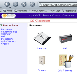 WebCT Learning Management System  with a navigation menu and icons giving access to automated tools and content pages.