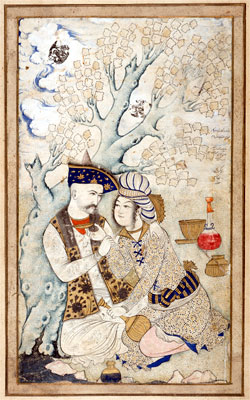 Shah Abbas I and a pageThe dedication reads May life grant all that you desire from three lips, those of your lover, the river, and the cup. Tempera and gilt; Muhammad Qasim, 1627; Louvre, Paris