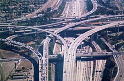 The towering interchange with the Harbor Freeway