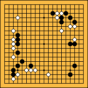 Game 5 of the 2002 LG Cup final between Choe Myeong-hun (white) and Lee Se-dol (black) at the end of the opening stage; white has developed large moyo (potential territory), while black has strong influence.