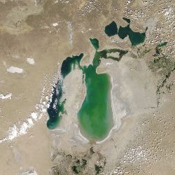 The Aral Sea, in 2002, had shrunk to well under half of the area it had covered fifty years before.