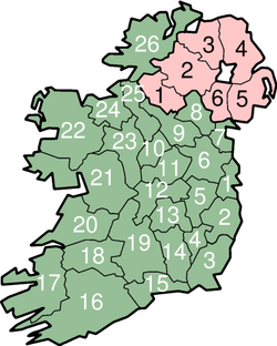 Map of Ireland with numbered counties