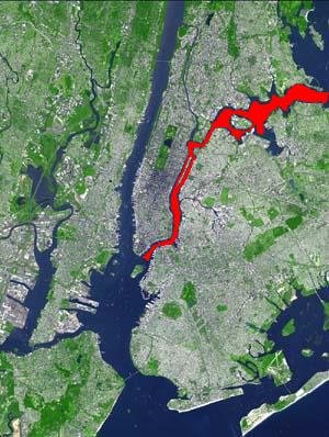 The East River is shown in red on a satellite photo of New York City