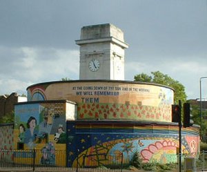 One of the entrances to the Stockwell shelter, now decorated as a war memorial. (Closeup)