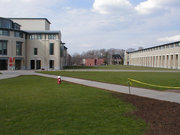 A view down the Cut, with the Purnell Center on the left, the University Center on the right