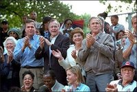 Barbara Bush, Jeb Bush, George H.W. Bush, Laura Bush, and George W. Bush watch tee ball on the White House lawn.