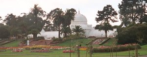 The  Conservatory of Flowers is one of the world's largest. It is built of traditional wood sash and glass pane construction.