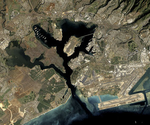 Satellite image of Pearl Harbor. Hickam AFB and Honolulu International Airport occupy the lower right corner