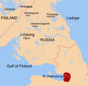 Map of the Karelian isthmus. Shown are important towns, the current Finnish-Russian border in the North-West and the pre-Winter War border further South.