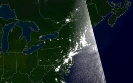  satellite image of northeastern US and southeastern Canada taken before blackout on Aug. 13, 2003, at 9:21 p.m. EDT.