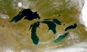 The Great Lakes from space; Lake Huron is the third from the left.
