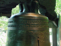 Close-up of the Liberty Bell. Inscribed are the names of John Pass and John Stow, together with city and date, along the inscription "Proclaim liberty throughout all the land unto all the inhabitants thereof—Lev. XXV, v. x. By order of the Assembly of the Province of Pensylvania for the State House in Philad." The spelling "Pensylvania" was an accepted variant at the time.
