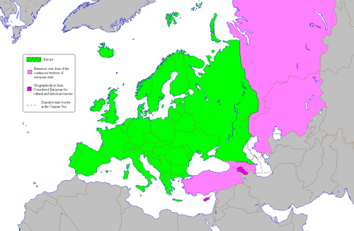 According to one common view of the boundary, the European continent is tbe area colored  on this map. Areas coloured  and  are  of other .