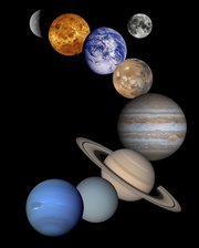 Mosaic of Solar System planets except Pluto, including Earth's Moon (not to scale).