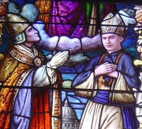 Pope Pius XI blesses Bishop Stephen Alencastre as fifth Apostolic Vicar of the Hawaiian Islands in a Cathedral of Our Lady of Peace window. He was the only bishop who grew up in Hawaii.