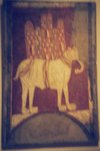 A bad photo of a Romanesque painting of a . Spain, 11th century. .