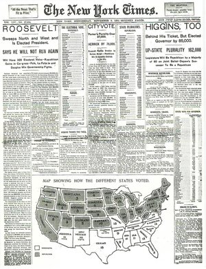 The New York Times front page from the day after the election: November 9, 1904.