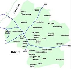 Map of South Gloucestershire. The blue lines are motorways