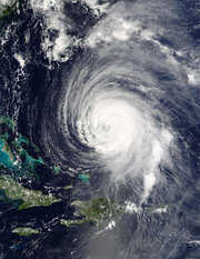 Hurricane Isabel east of the Bahamas on 2003-09-15. Photograph courtesy NASA.