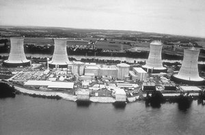 Viewed from the west, Three Mile Island currently uses only one nuclear generating station, TMI-1, which is on the right. TMI-2, to the left, is still off-line.