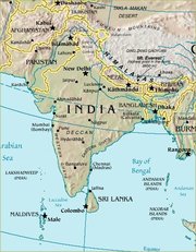 Map of South Asia. (Note that this map represents the  in  as the international border between India and Pakistan, a position that neither party considers acceptable.)