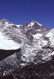 Snowpack accumulation at 14,255 ft. on Longs Peak in Rocky Mountain National Park.